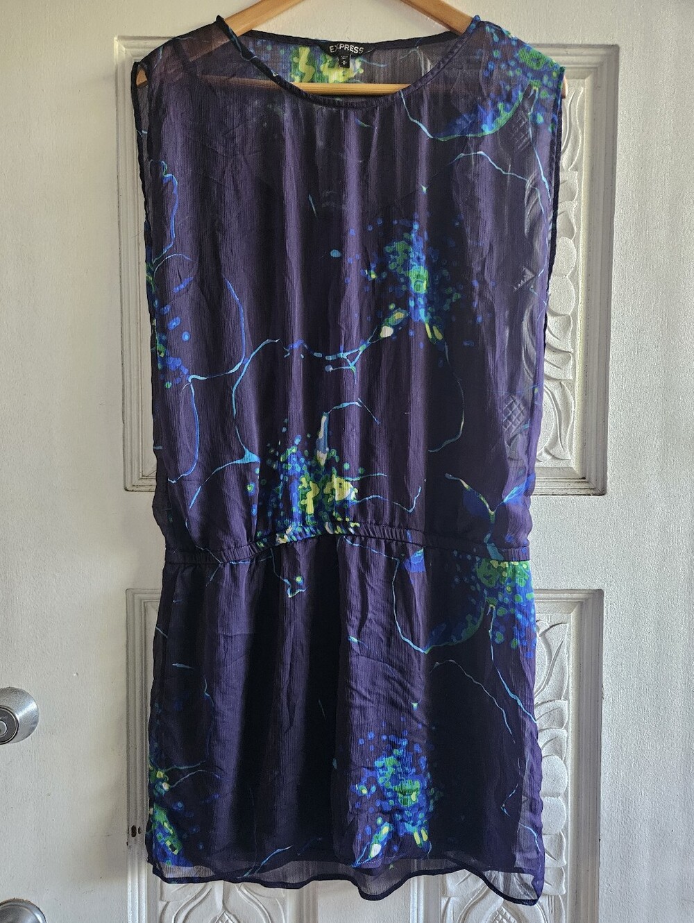 Express Purple Floral Lined Midi Dress with Blue and Green Accents Medium